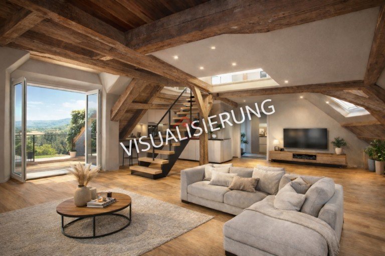 Ansicht 3 Visualisierung Loft Wohnung Nr. 5 Tuttlingen / M�hringen Loft-Studio-Atelier Bautr�gerprojekt: Dachgeschoss-Maisonette im Rohbau mit ca. 135,86 m� Wohnfl�che und au�ergew�hnlicher Holzbalkenkonstruktion
